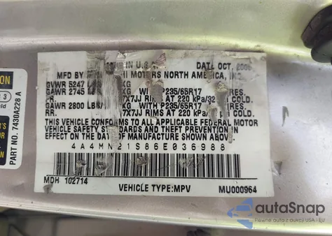 2006 Mitsubishi Endeavor Ls z USA, uszkodzony, nr VIN 4A4MN21S86E036988